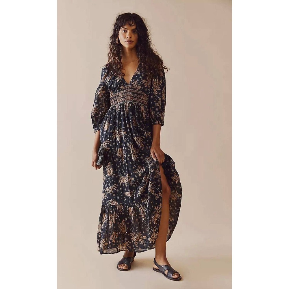 Free People Golden Hour Maxi Dress Black Combo Boho Maxi Smocked Boho S
